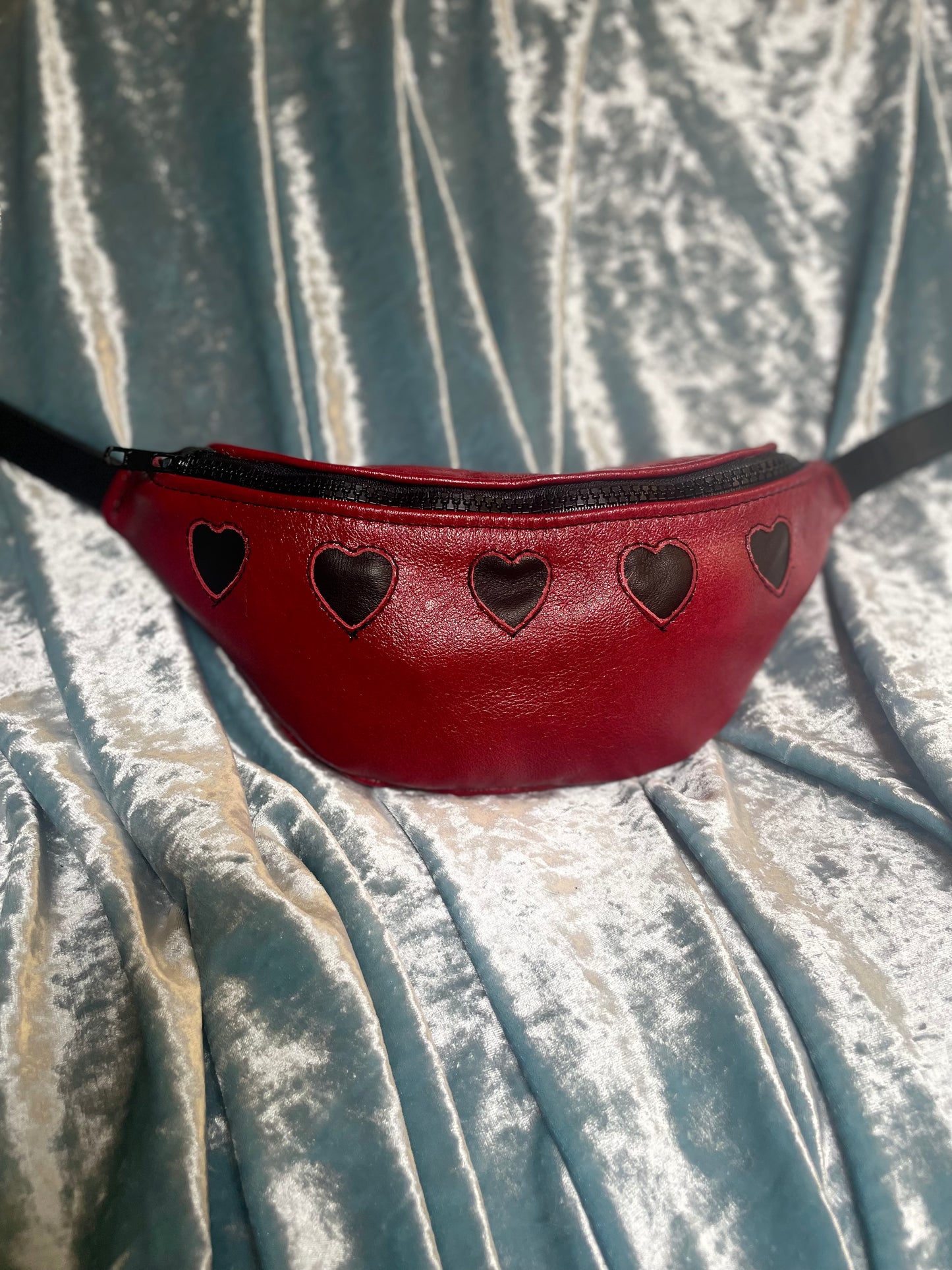 Red Leather Fannypack with Black Hearts