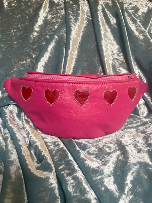 Pink Leather Fannypack with Red Hearts