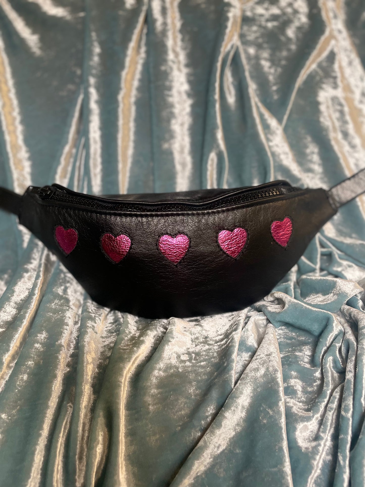 Black Leather with Metallic Fuchsia Hearts Fannypack