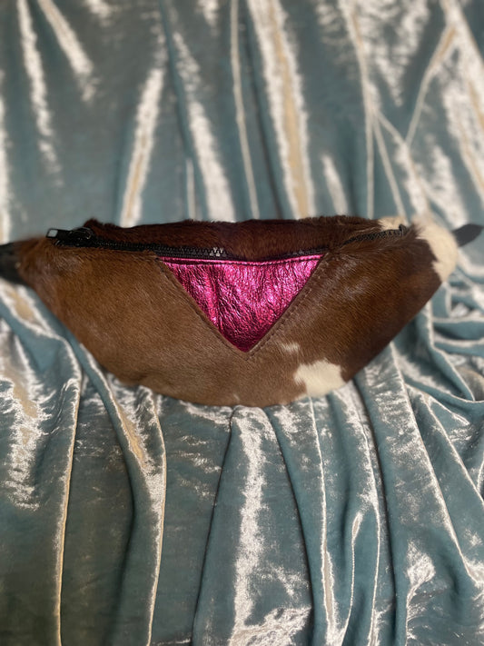 Spotted Hair-On Cow Hide, Metallic Fuschia Triangle