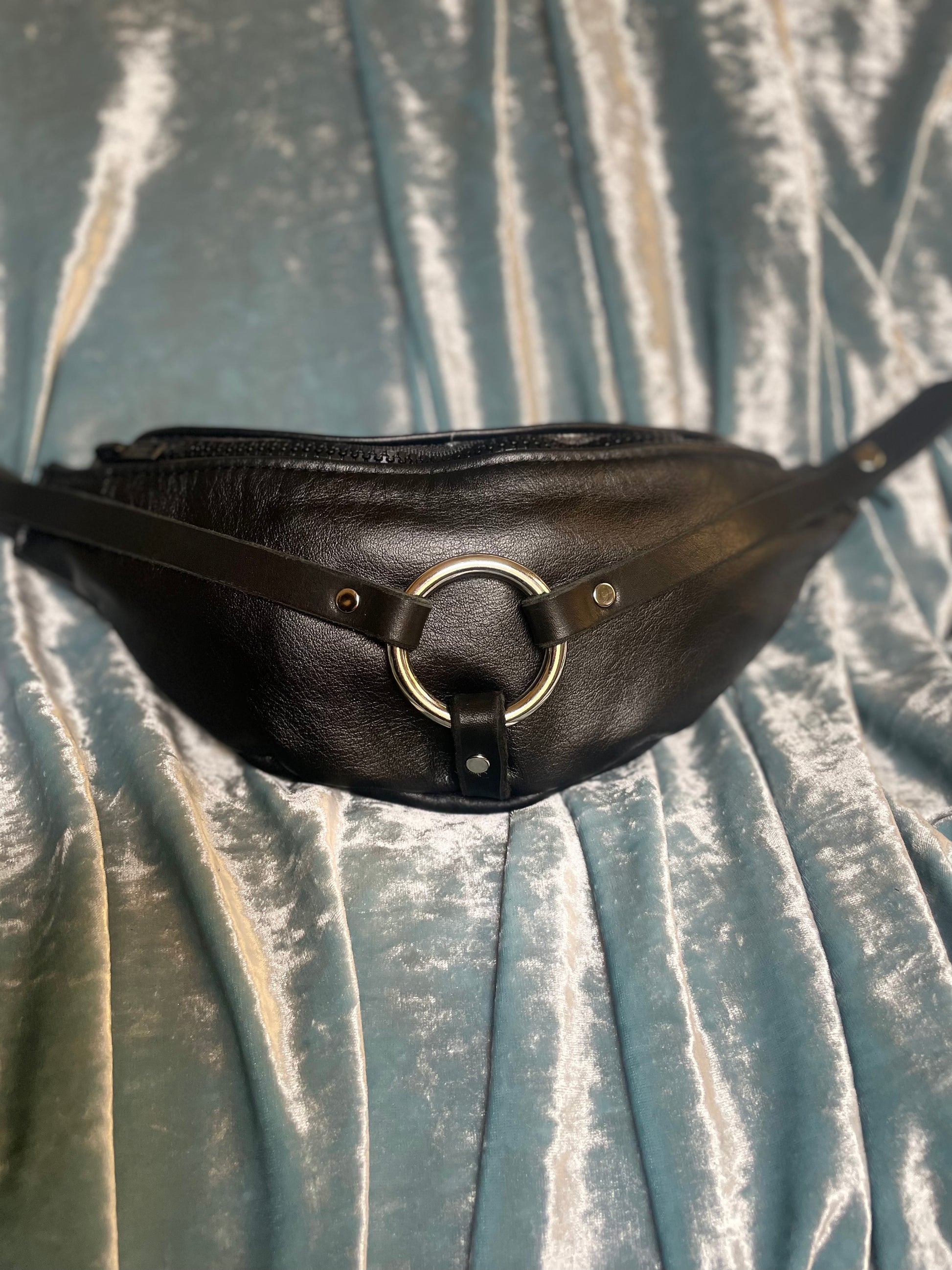 Black leather fanny pack, black harness, silver hardware