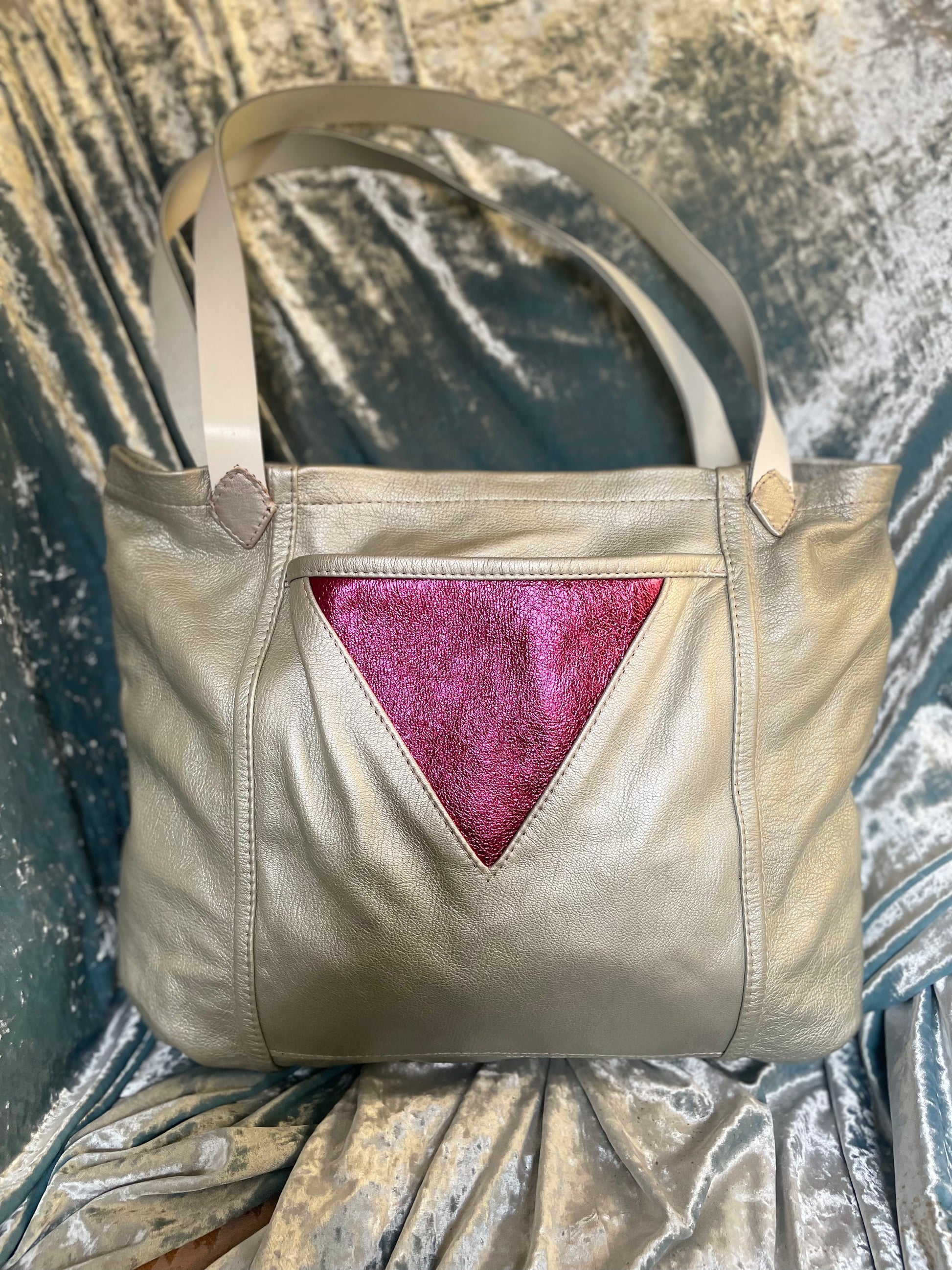 Silver leather tote with metallic fuchsia triangle detail, white straps