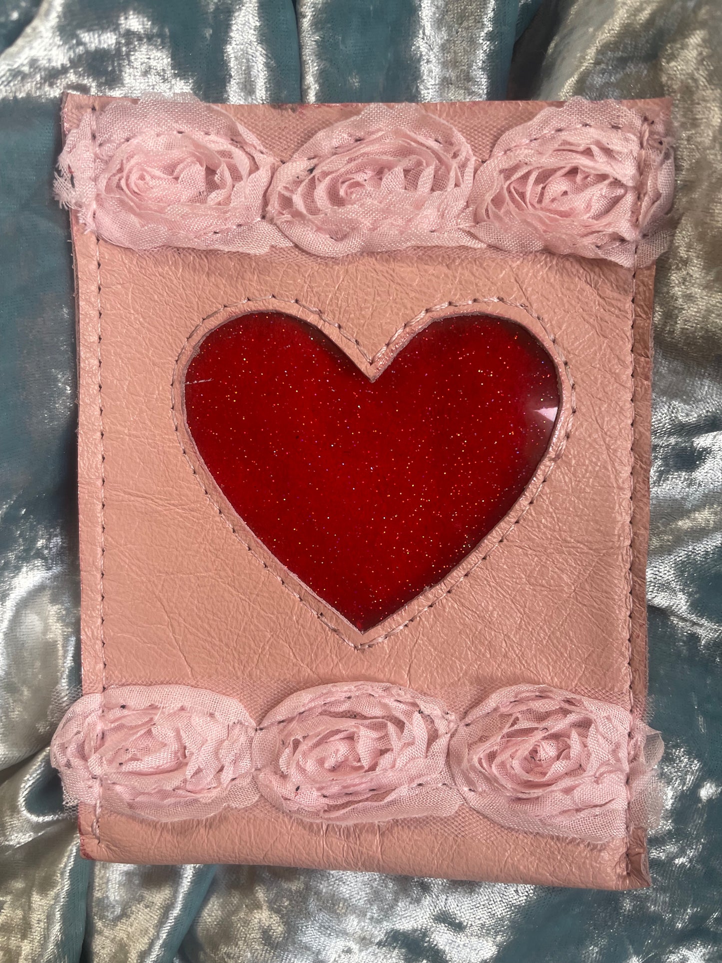 Pink leather, vinyl sparkle heart, ribbon roses