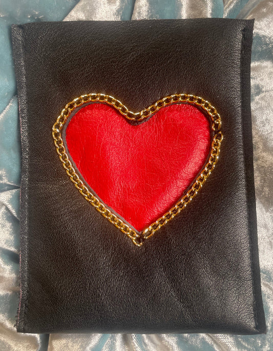 black with red vinyl heart, gold chain