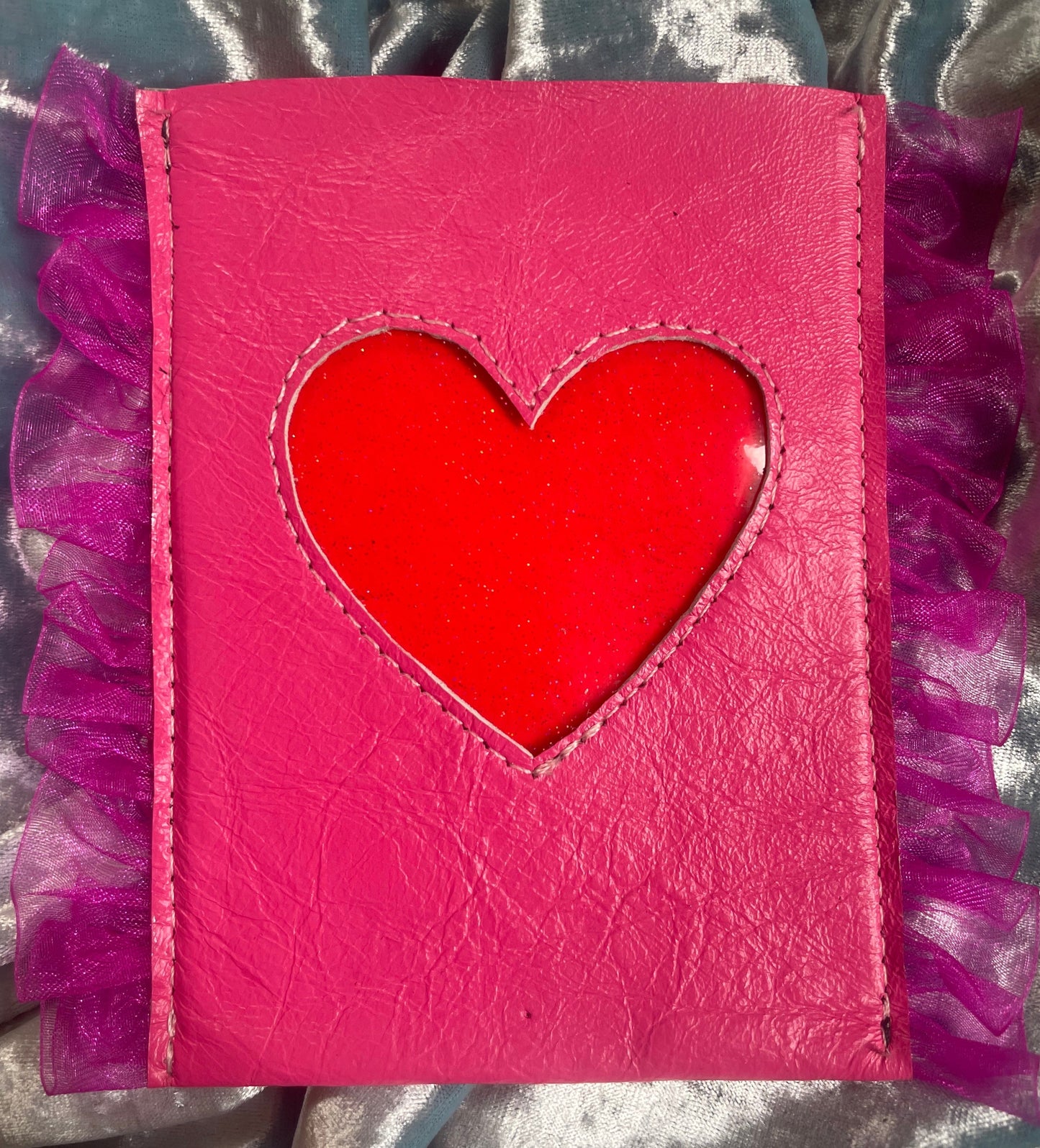 hot pink leather with red vinyl heart and fuchsia ruffles